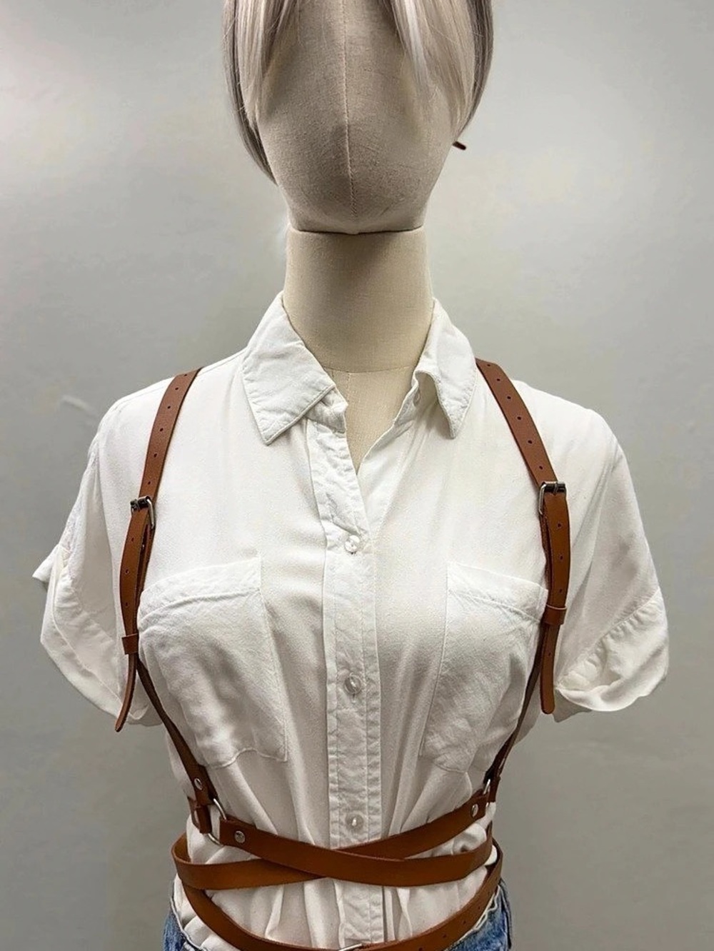 Brown Faux Leather Body Harness Belt Adjustable Wrap Waist Cage Belt